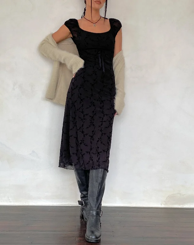 Sports And Leisure Clarisse Midi Dress in Mesh Vine Flower Black