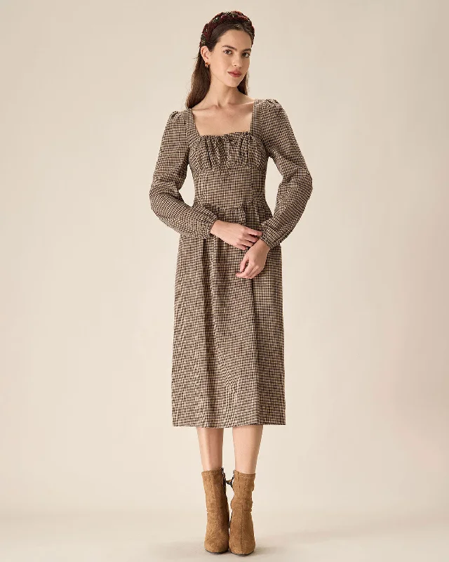 Celebrity Style Brown Plaid Square Neck Ruched Midi Dress