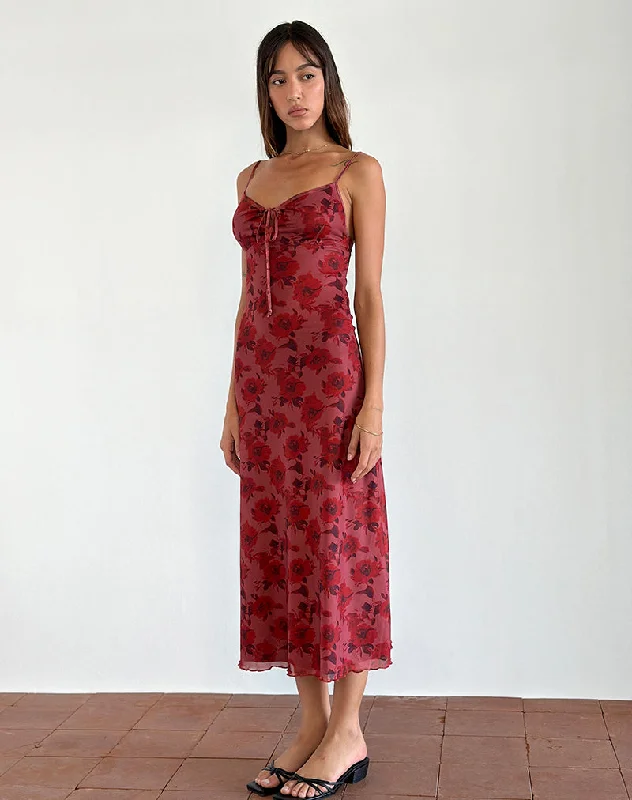 Elegant And Simple Coya Midi Dress in Fairy Floral Burgundy Flock