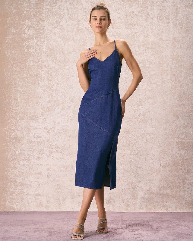 College Style The Navy V-Neck Side Split Slip Midi Dress