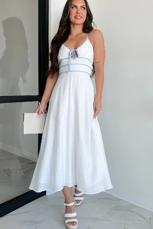 Stunning Fashion Seaside Symphony Halter Midi Dress (White/Blue)