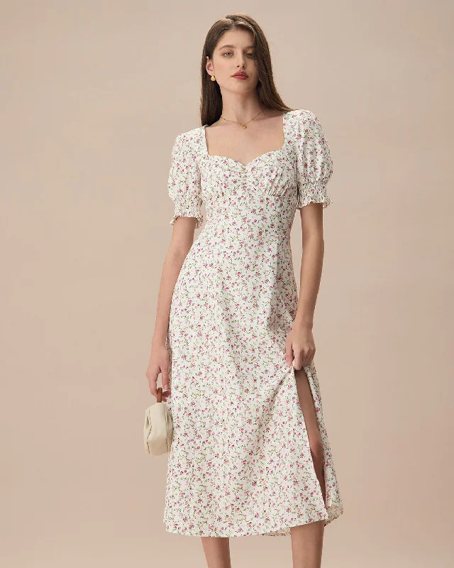 Lively And Youthful The Beige Sweetheart Neck Puff Sleeve Floral Midi Dress