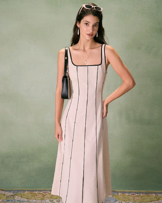 Exquisite Fabrics The Khaki Square Neck Contrast Midi Dress