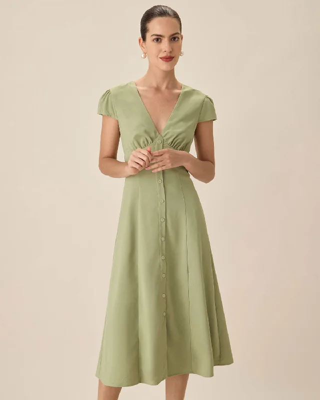 Luxury And Elegant Green V-Neck Button Midi Dress