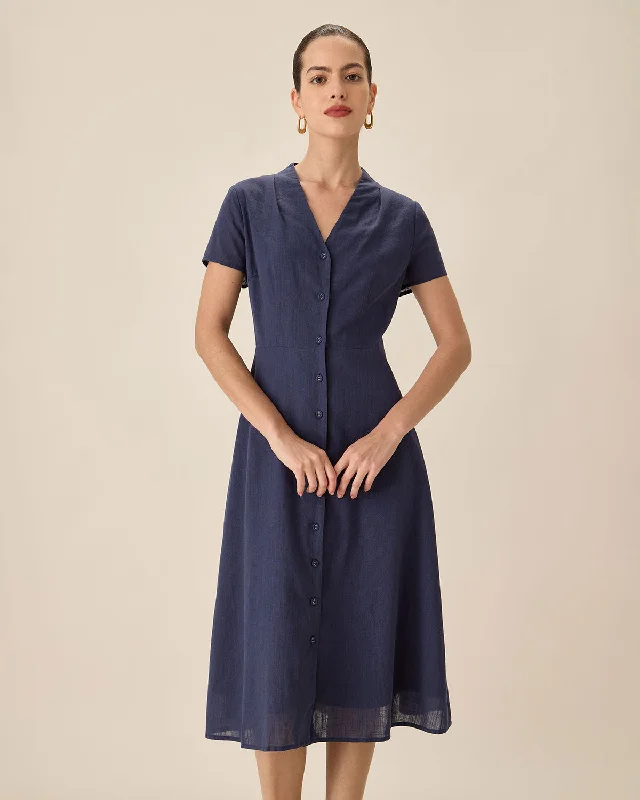 Spring Fashion Navy Collared Button Midi Dress