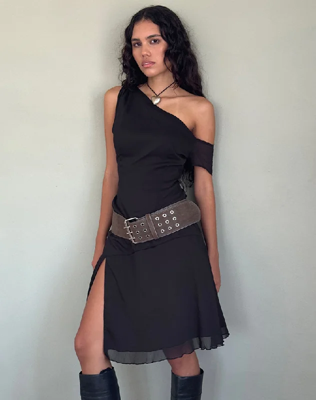 Embroidered Letters Carissa One Shoulder Chiffon Midi Dress in Black