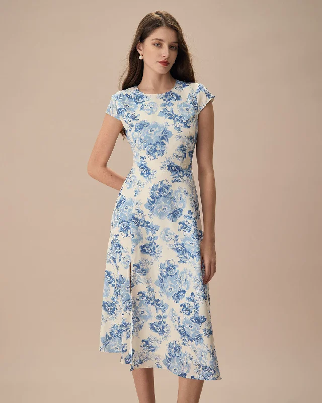 Minimalism The Blue Round Neck Cap Sleeve Floral Midi Dress