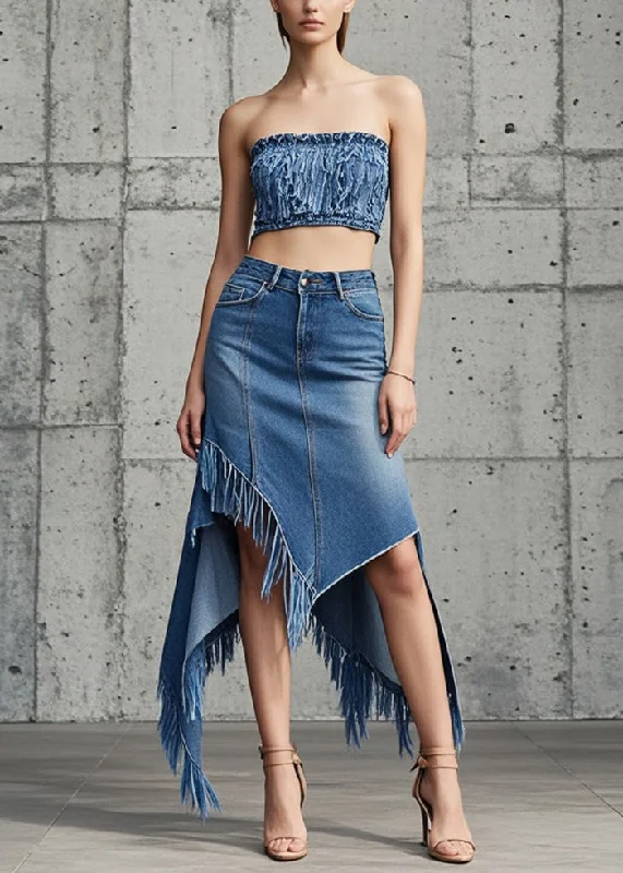 Age-reducing Style Original Design Blue Asymmetrical Tasseled Denim Skirts Fall