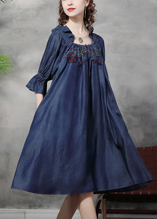 Ethnic Style Italian Denim Blue Ruffled Embroideried Cotton A Line Dress Half Sleeve Ethnic Style Italian Denim Blue Ruffled Embroideried Cotton A Line Dress Half Sleeve