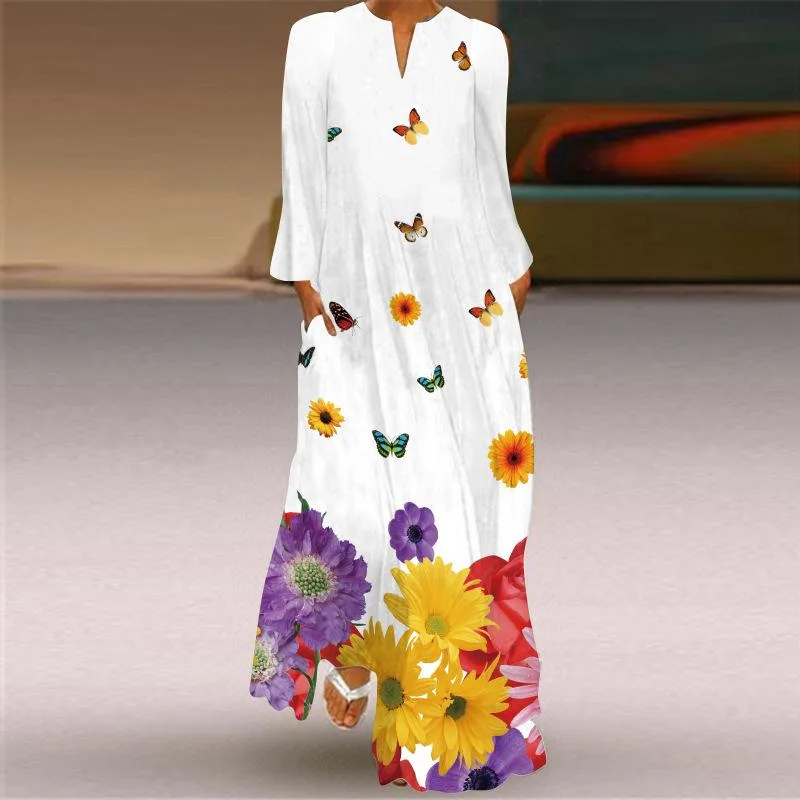 Thin Design Plus Sizes Women Long Sleeves Print Fall Long Dresses