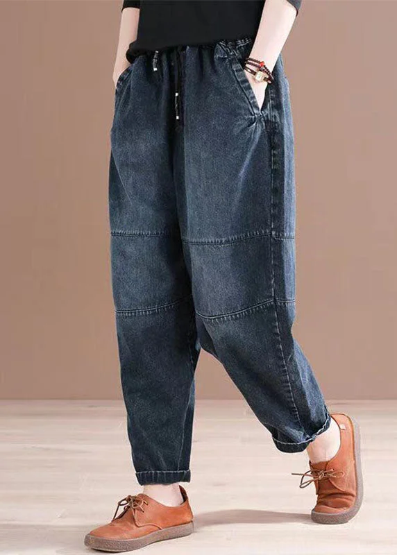 Personalized Clothing French Denim Blue High Waist Pockets Patchwork Cotton Harem Pants Summer Personalized Clothing French Denim Blue High Waist Pockets Patchwork Cotton Harem Pants Summer