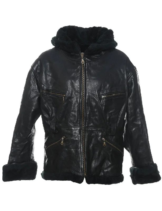 Modern City Hooded Black Faux Shearling Lined Classic Leather Jacket - L