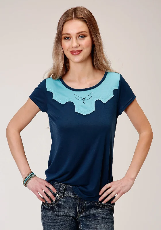 Double-sided Wear Roper Womens Navy Poly/Rayon Boyfriend Crew S/S T-Shirt