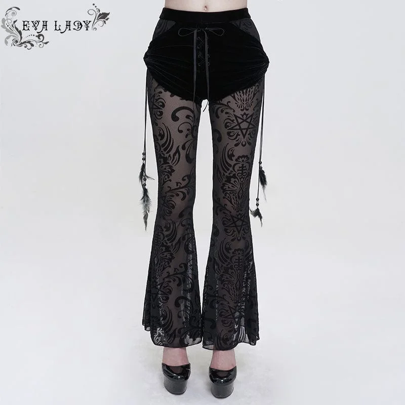 British Fashion Women's Gothic Drawstring Mesh Splice Flared Pants