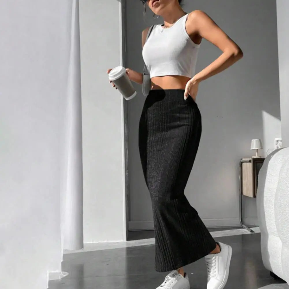 Light And Breathable Striped High Waist Knitted Maxi Skirt.
