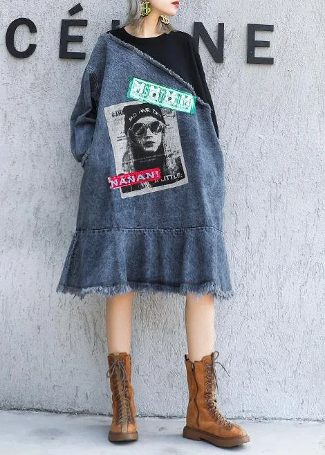 Girl Style French o neck Ruffles Cotton tunic dress denim blue patchwork black Dress Girl Style French o neck Ruffles Cotton tunic dress denim blue patchwork black Dress