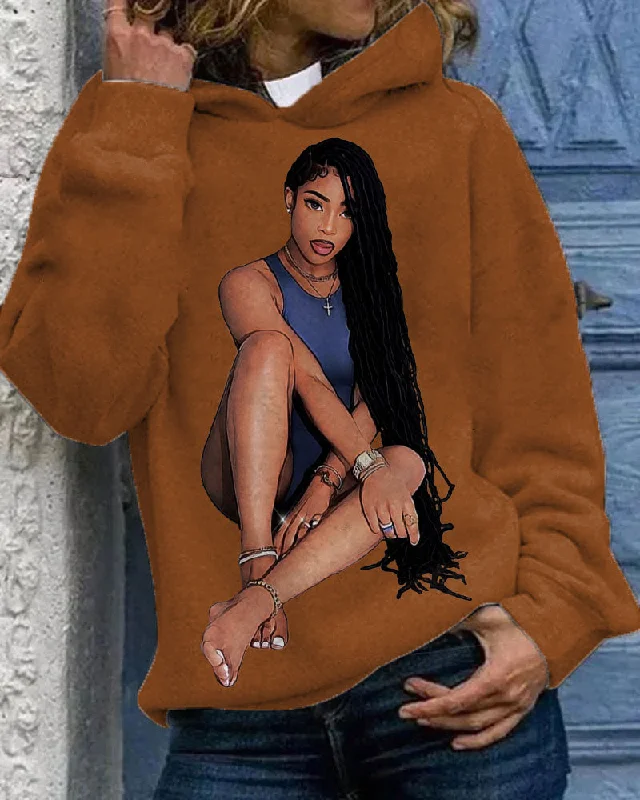 Carefree Style Brown Woman Long Braids Long Sleeves Hoodie