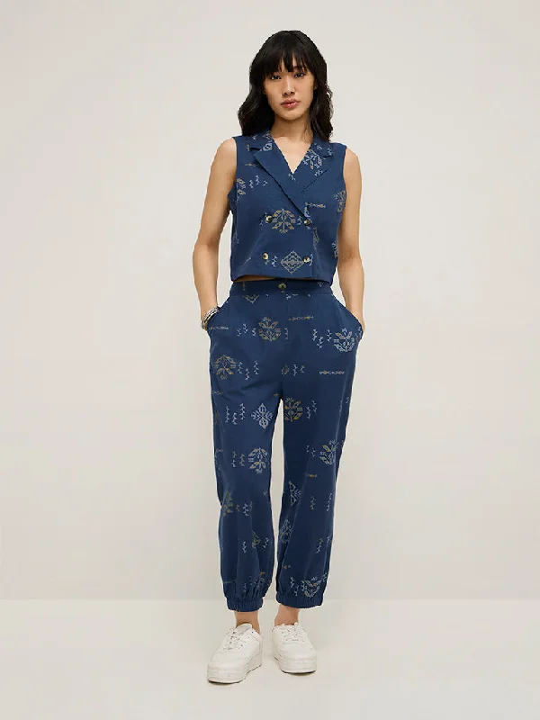 Embroidered Letters Bombay Paisley Navy Printed High-Rise Cotton Blend Joggers