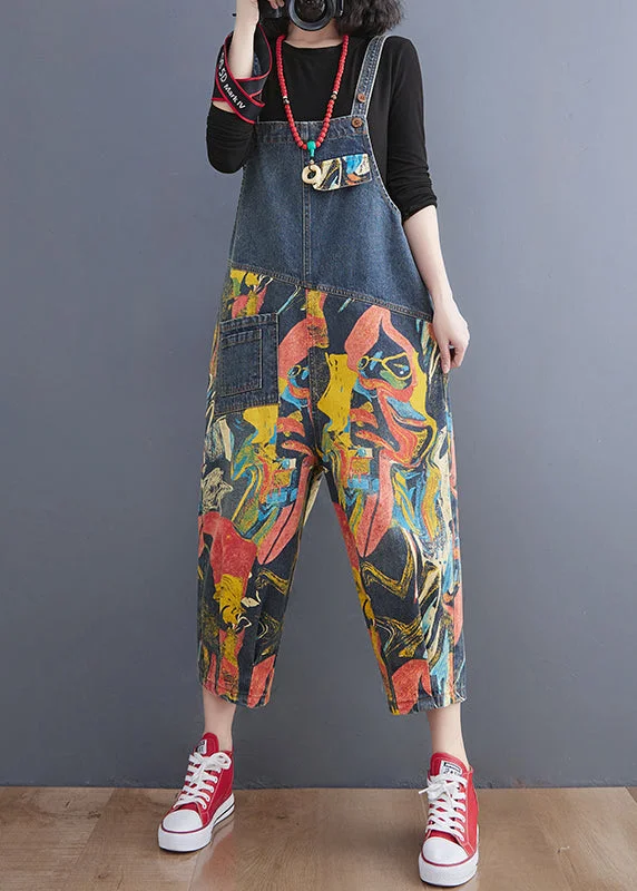 Double-sided Wear French Navy Pocket Print Denim Jumpsuit Spring