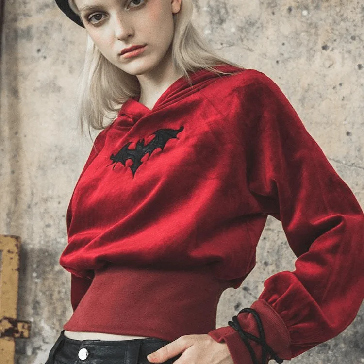 Exquisite Fabrics Women's Bat Pattern Velvet Witch Short Hoodies
