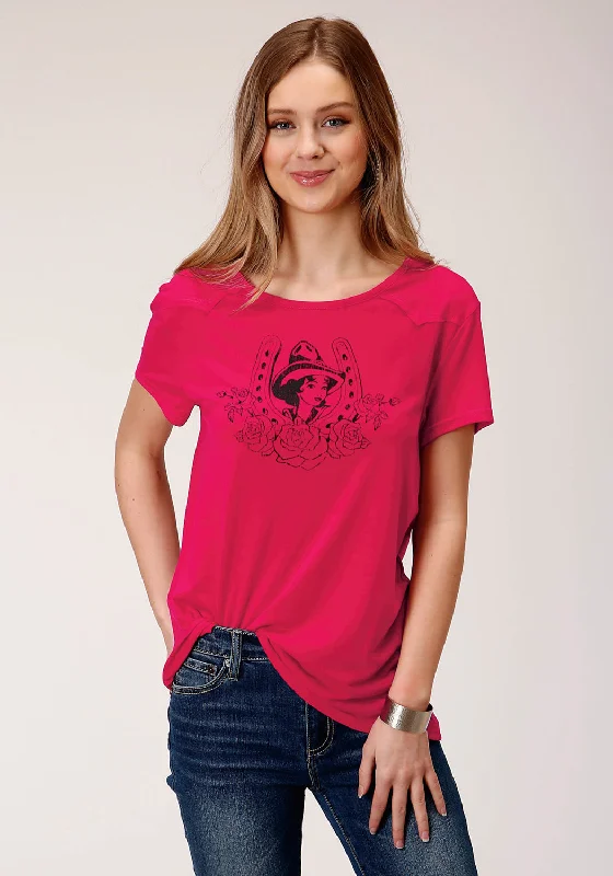 Eye-catching Personality Roper Womens Red Poly/Rayon Horseshoe S/S Cowgirl T-Shirt