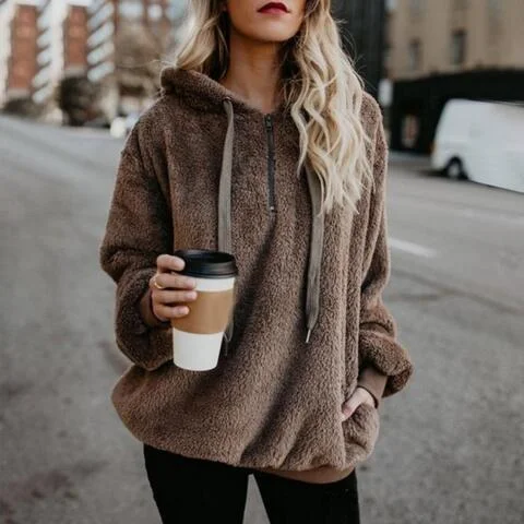Celebrity Style Quarter-Zip Drawstring Teddy Hoodie