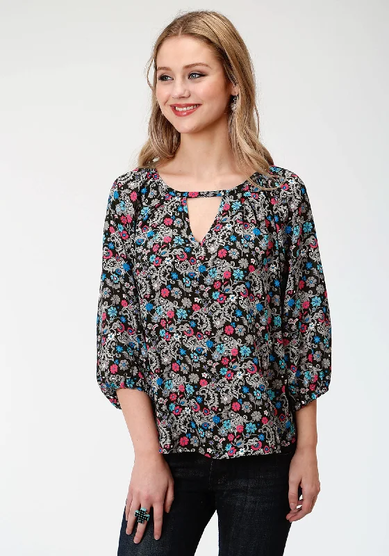 High Street Style Roper Womens Black Rayon/Nylon Country Paisley S/S Blouse
