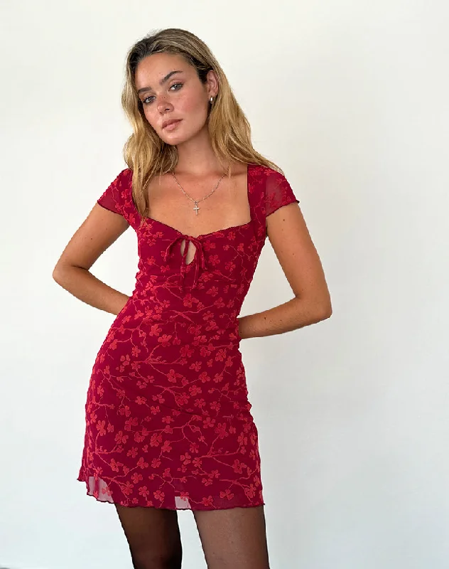 Ethnic Style Lashka Mini Dress in Red Grunge Floral Flock