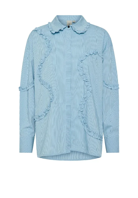French Retro Y.A.S Yera Stripe & Ruffle Shirt, Clear Sky