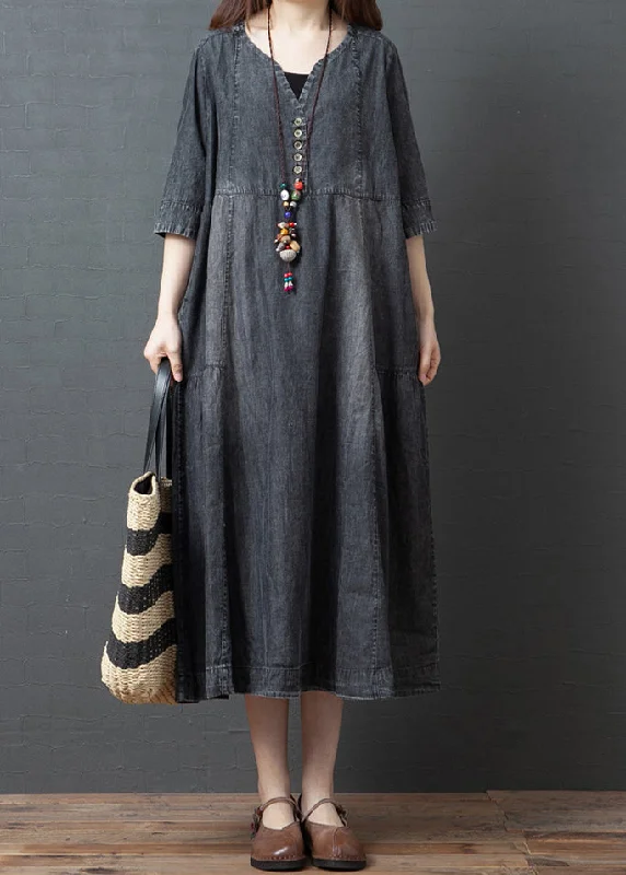 Elegant And Simple Plus Size Black V Neck Cotton Denim Holiday Dress Half Sleeve