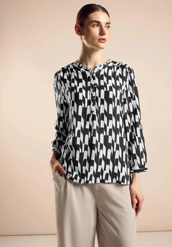 Classic Retro Street One Printed Frill Neck Button Blouse, Black
