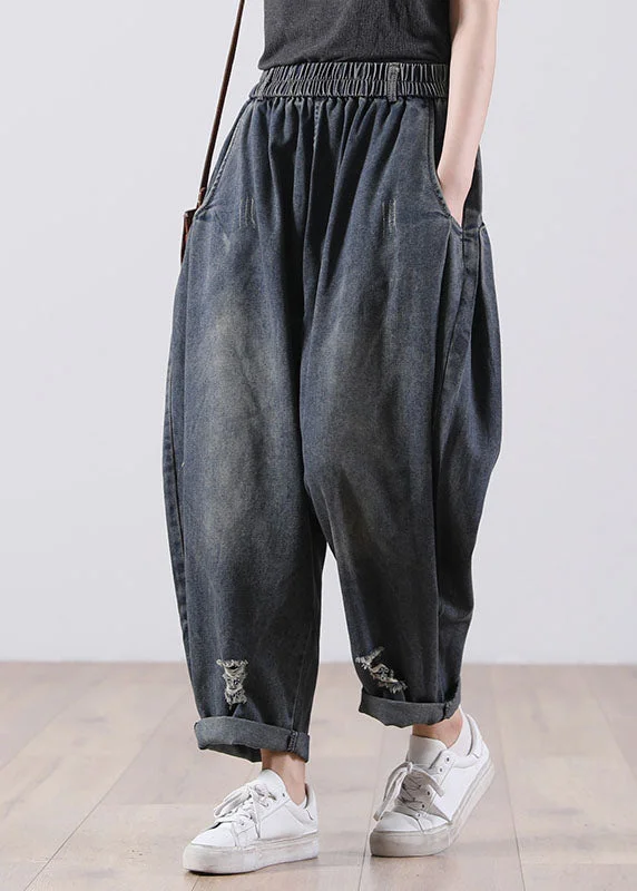 Trendy And Casual Bohemian Denim Blue Elastic Waist Pockets Cotton Harem Pants Fall