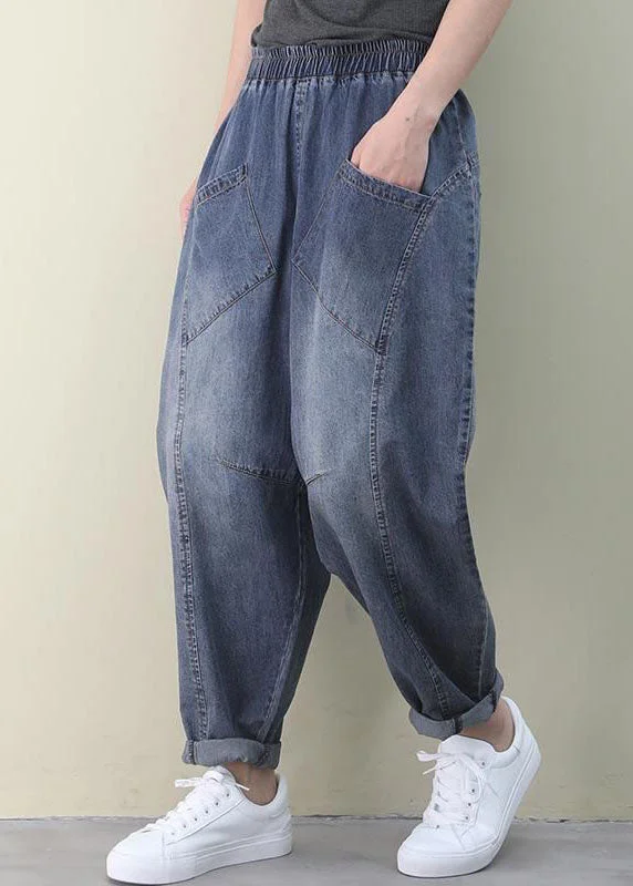 Feminine Charm French Dark Blue Elastic Waist Pockets Patchwork Cotton Denim Pants Spring Feminine Charm French Dark Blue Elastic Waist Pockets Patchwork Cotton Denim Pants Spring