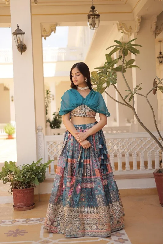 New Autumn And Winter Styles Blue Russian Silk Rich Digital Printed With Foil Embroidery Work Lehenga with Choli Ready to Wear Set New Autumn And Winter Styles Blue Russian Silk Rich Digital Printed With Foil Embroidery Work Lehenga with Choli Ready to Wear Set