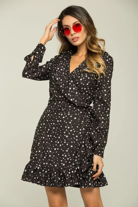 Wearable At Home Or Out Black and White Stars Ruffled Midi Dress