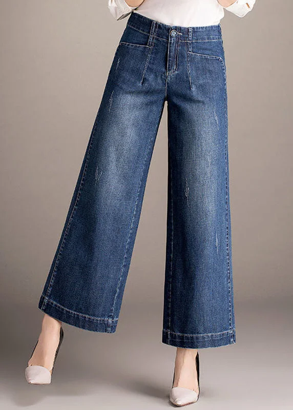 Fashionable Items Beautiful Denim Blue High Waist Pockets Draping Cotton Straight Pants Summer Fashionable Items Beautiful Denim Blue High Waist Pockets Draping Cotton Straight Pants Summer