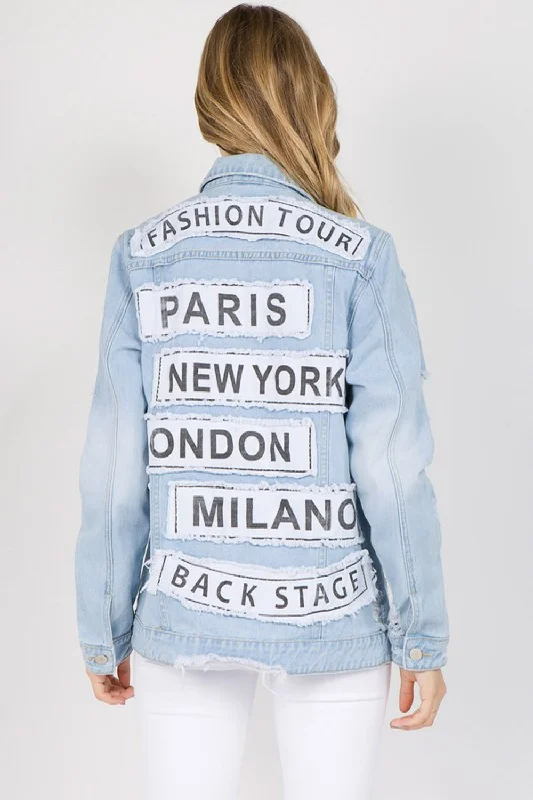 Denim Design American Bazi Letter Patched Distressed Denim Jacket