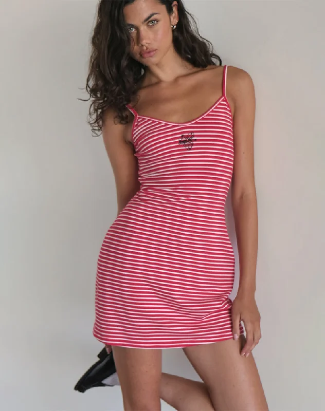Luxury Temperament Anzhelina Strappy Mini Dress in Red and White Stripe with Strawberry Emb
