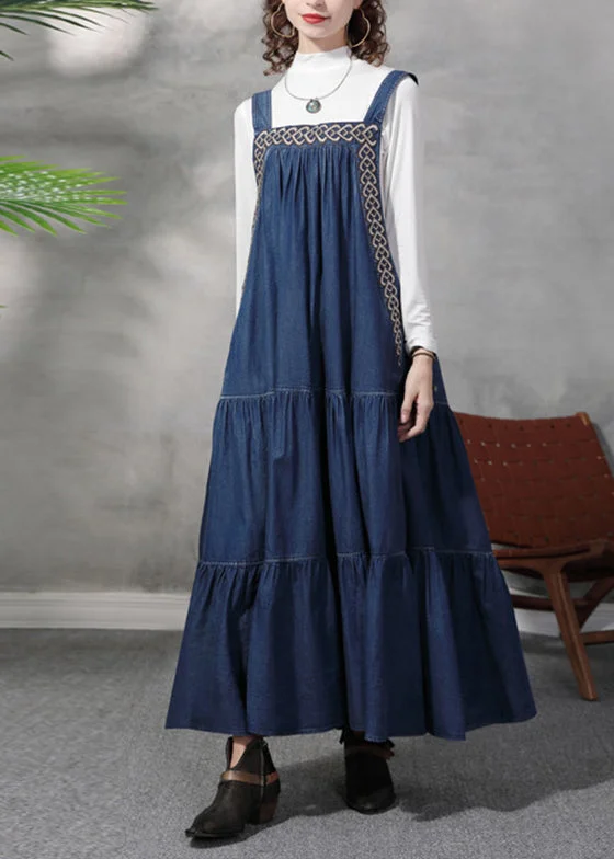 Comfortable And Versatile Stylish Blue wrinkled Embroideried Spaghetti Strap Cotton Denim Dresses Spring Comfortable And Versatile Stylish Blue wrinkled Embroideried Spaghetti Strap Cotton Denim Dresses Spring