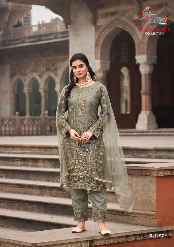 Carefree Style Dark Mehendi Green Organza Khatli work embroidered Straight Cut Suit