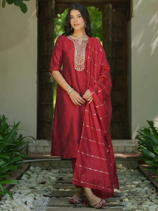 Bright Colors Red Yoke Design Silk Blend Straight Suit With Dupatta