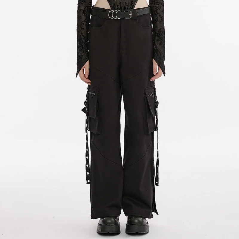Playful Style Women's Punk Big-pocket Side Slit Cargo Pants