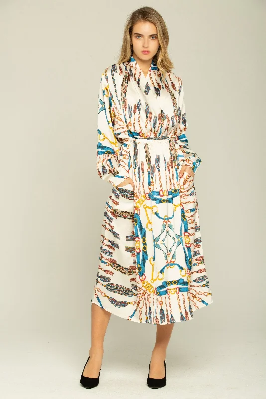 Urban Sense White Chain Pattern Long Sleeves Midi Dress