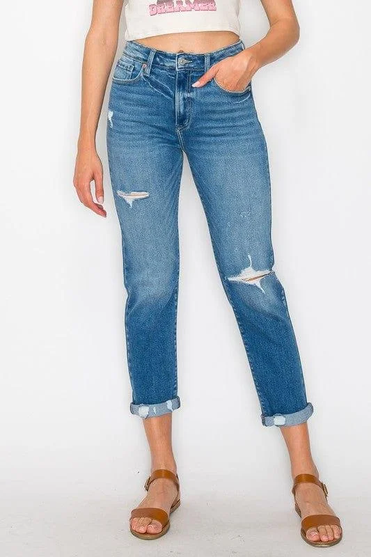 French Retro Tapered Leg Stone Wash High Rise Jeans