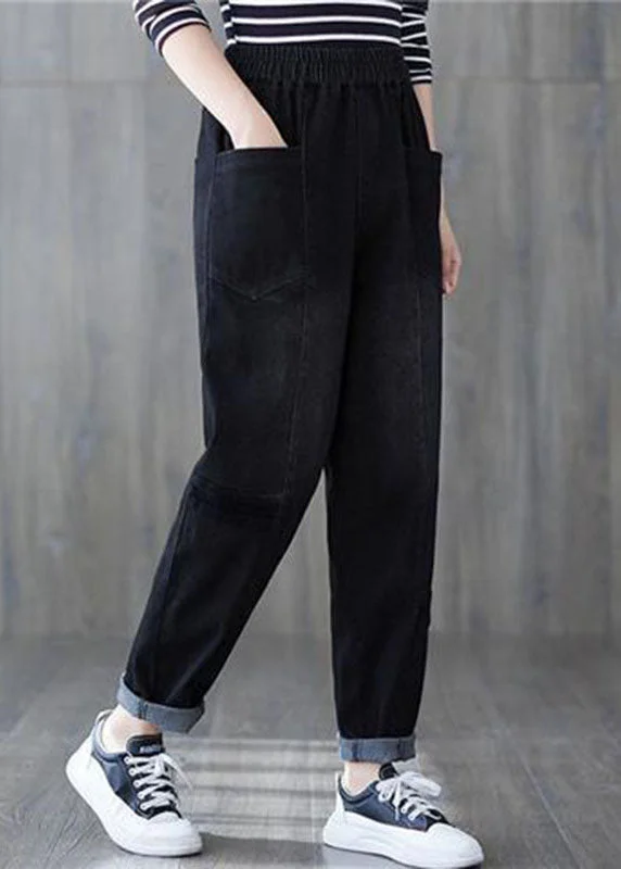Relaxed And Casual Classy Black Elastic Waist Patchwork Warm Fleece Denim Pants Winter Relaxed And Casual Classy Black Elastic Waist Patchwork Warm Fleece Denim Pants Winter
