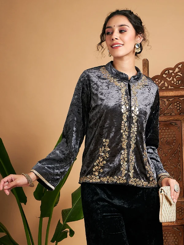 Urban Sense Women Grey Velvet Embroidered Jacket