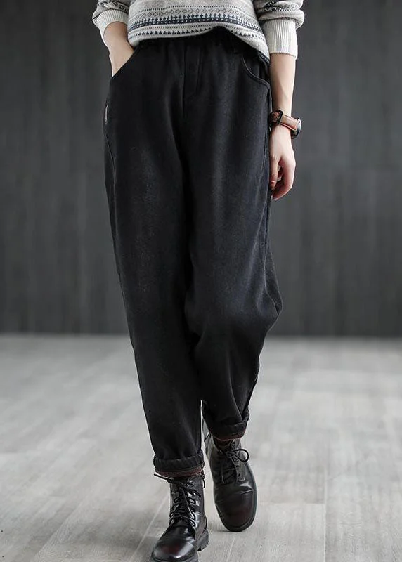 Fresh And Natural Casual Black Elastic Waist Pockets Warm Fleece Denim Harem Pants Winter Fresh And Natural Casual Black Elastic Waist Pockets Warm Fleece Denim Harem Pants Winter