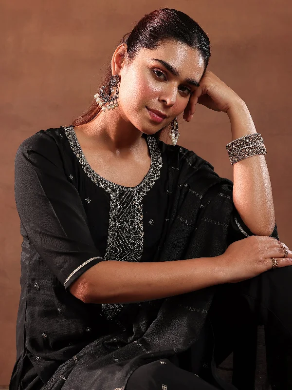 Classic Black Yoke Design Silk Blend Straight Suit With Dupatta
