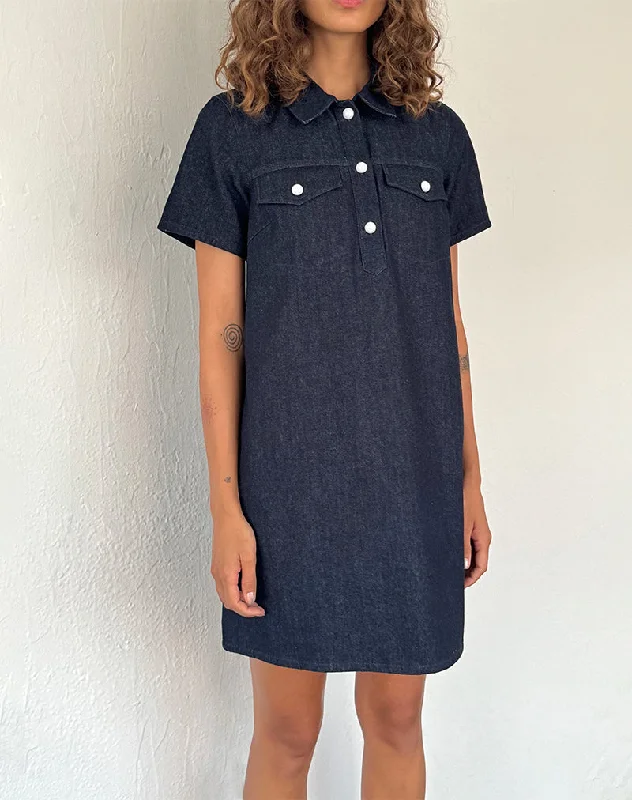 Slim Fit Reiga Smock Mini Dress in Denim Indigo