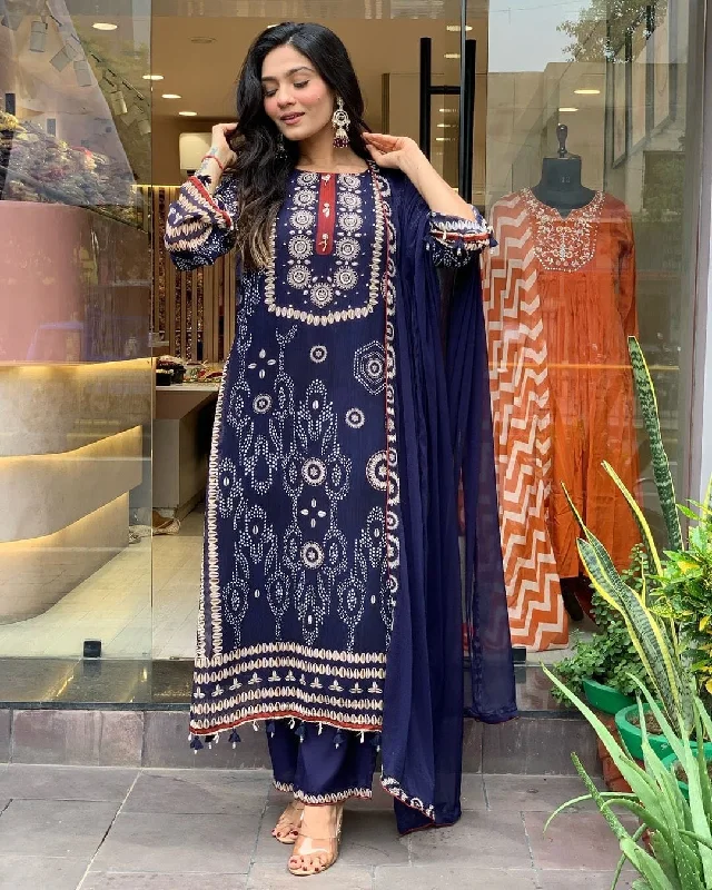 Boutique Recommendation Navy Blue Beautiful Neck hand Work Printed and Moti Mala work Suit